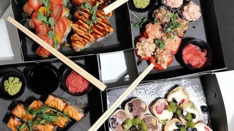 Sushi set rolls, maki in packging tray. Japanese and Asian food. Stock Footage 165273167