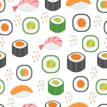 Sushi set seamless pattern. Rolls endless background. Japanese cuisine Stock Illustration