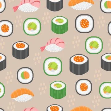 Sushi set seamless pattern. Rolls endless background. Japanese cuisine Stock-Illustration