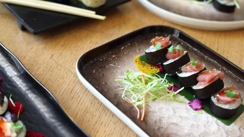 Sushi set served. Top view of seafood Stock Footage 245560974