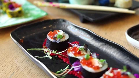 Sushi set served. Top view of seafood Stock Footage 245561039