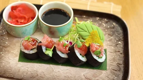 Sushi set served. Top view of seafood Stock Footage 245561040