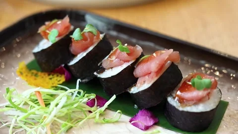 Sushi set served. Top view of seafood Stock Footage 245561070