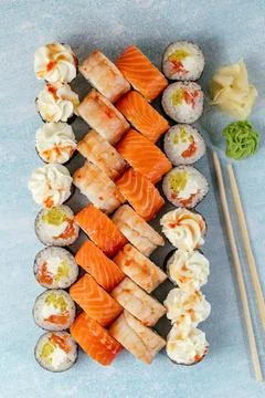 Sushi set of several types of sushi rolls Stock Photos