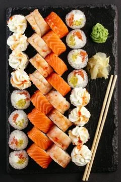 Sushi set of several types of sushi rolls Stock Photos