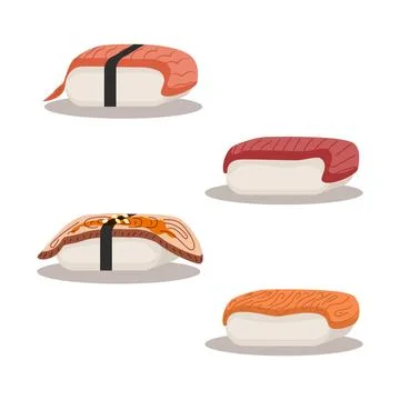 Sushi set with shrimp, eel, salmon, tuna. Delicious Asian food Traditional... Stock Illustration