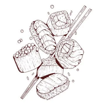 Sushi set, sketch drawn vector. Outline illustration Stock Illustration