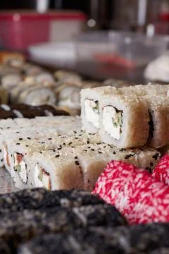 Sushi set on the table, macro, close-up, various sushi and rolls, food, asian Stock Photos