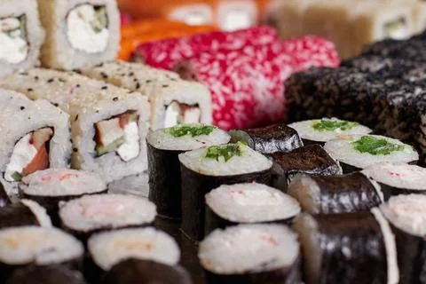 Sushi set on the table, macro, close-up, various sushi and rolls, food, asian Stock Photos