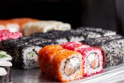 Sushi set on the table, macro, close-up, various sushi and rolls, food, asian Stock Photos