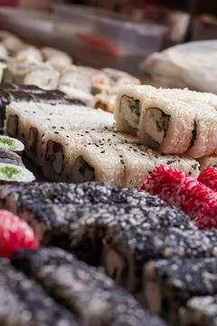 Sushi set on the table, macro, close-up, various sushi and rolls, food, asian Stock Photos