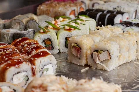 Sushi set on the table, macro, close-up, various sushi and rolls, food, asian Stock Photos