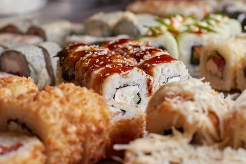 Sushi set on the table, macro, close-up, various sushi and rolls, food, asian Stock Photos