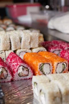 Sushi set on the table, macro, close-up, various sushi and rolls, food, asian Stock Photos