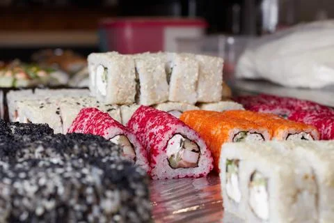 Sushi set on the table, macro, close-up, various sushi and rolls, food, asian Stock Photos