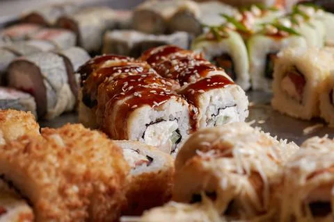Sushi set on the table, macro, close-up, various sushi and rolls, food, asian Stock Photos