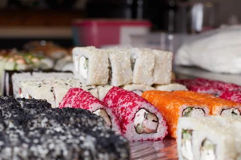 Sushi set on the table, macro, close-up, various sushi and rolls, food, asian Stock Photos