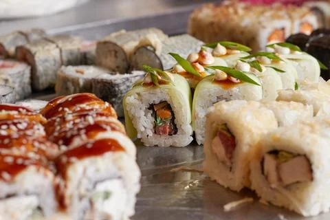 Sushi set on the table, macro, close-up, various sushi and rolls, food, asian Stock Photos
