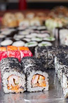 Sushi set on the table, macro, close-up, various sushi and rolls, food, asian Stock Photos