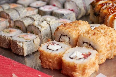 Sushi set on the table, macro, close-up, various sushi and rolls, food, asian Stock Photos