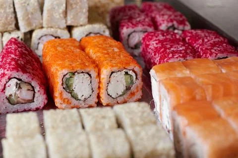 Sushi set on the table, macro, close-up, various sushi and rolls, food, asian Stock Photos