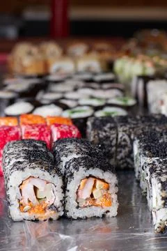 Sushi set on the table, macro, close-up, various sushi and rolls, food, asian Stock Photos