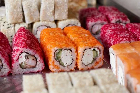 Sushi set on the table, macro, close-up, various sushi and rolls, food, asian Stock Photos