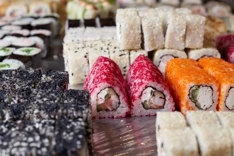 Sushi set on the table, macro, close-up, various sushi and rolls, food, asian Stock Photos