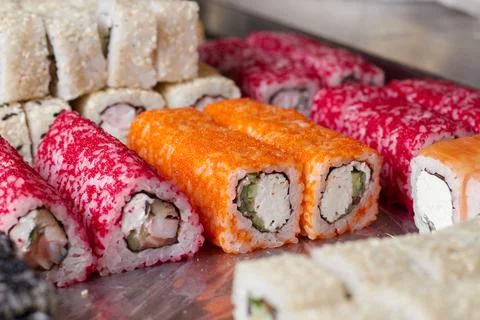 Sushi set on the table, macro, close-up, various sushi and rolls, food, asian Stock Photos