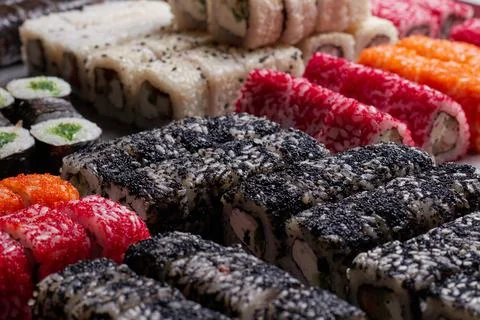 Sushi set on the table, macro, close-up, various sushi and rolls, food, asian Stock Photos