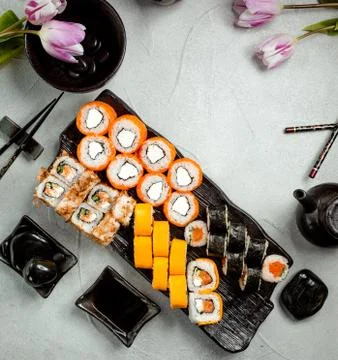 Sushi set on the table top view Stock Photos