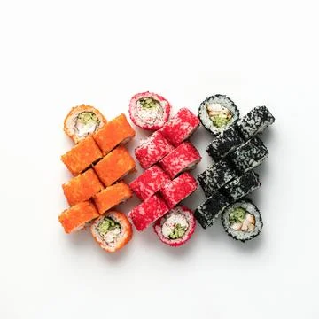 Sushi Set, three kind of Inside out California rolls isolated on white Stock Photos