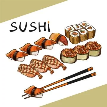 Sushi set vector image. Japanese delicious food. Stock Illustration