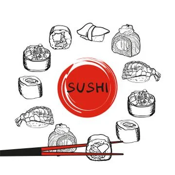 Sushi set vector image. Japanese delicious food. Stock Illustration