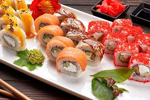 Sushi set on a white plate with ginger Stock Photos