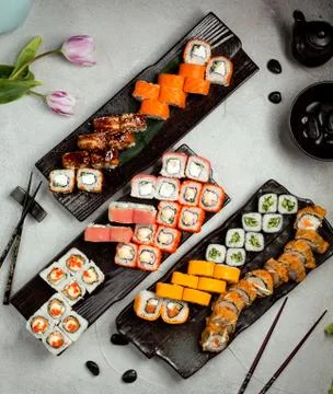Sushi sets with eel, salmon, tuna, nori and hot sushi Stock Photos