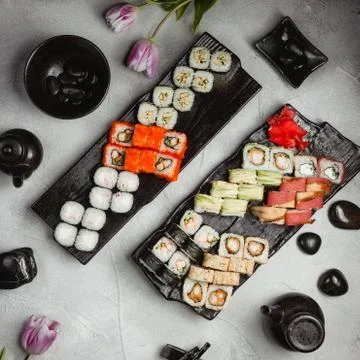 Sushi sets on table top view Stock Photos