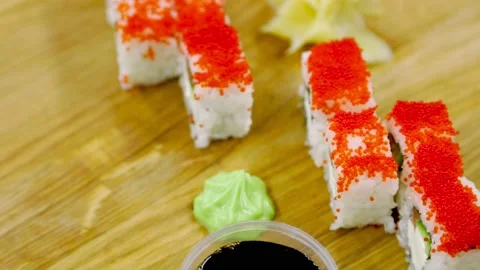 Sushi with small red caviar on top Stock Footage 150252897