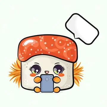Sushi with a smartphone in hand. Vector hand drawn cartoon kawaii character.. Stock Illustration