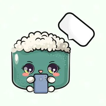 Sushi with a smartphone in hand. Vector hand drawn cartoon kawaii character.. Stock Illustration