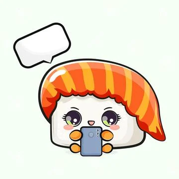 Sushi with a smartphone in hand. Vector hand drawn cartoon kawaii character.. Stock Illustration