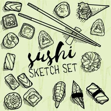 Sushi vector sketch set. Hand drawn design elements Stock Illustration
