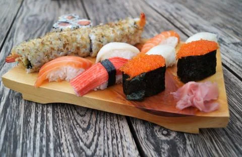 Sushi on wood table Stock Photos