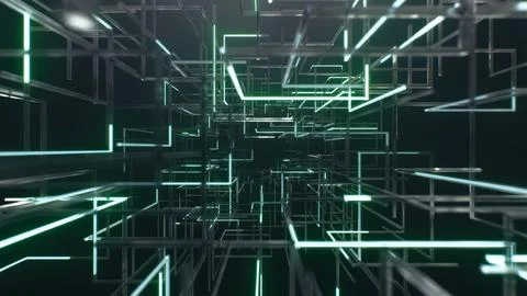 Suspended cubes highlighted in blue construct deep and captivating virtual Illustrazione stock