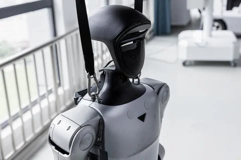 A suspended humanoid robot hangs from straps in a bright modern hall Stock Photos