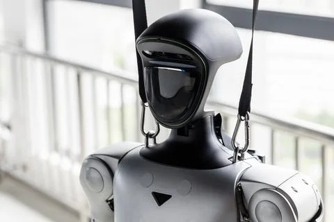 A suspended humanoid robot prototype hangs from straps Stock Photos