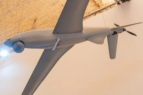 A suspended single-engine, mid-20th century Ukrainian drone aircraft, primari Stock Photos