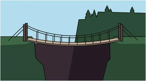 Suspension bridge across a deep cliff canyon with bridge span, design Stock Illustration