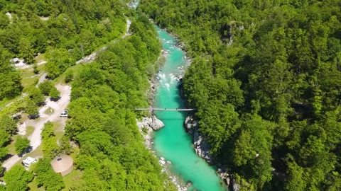 Suspension Bridge Over Emerald Soca River Stock-Footage 336695954