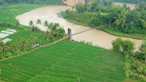 Suspension bridge over a flooded river. Stock Footage 277451629